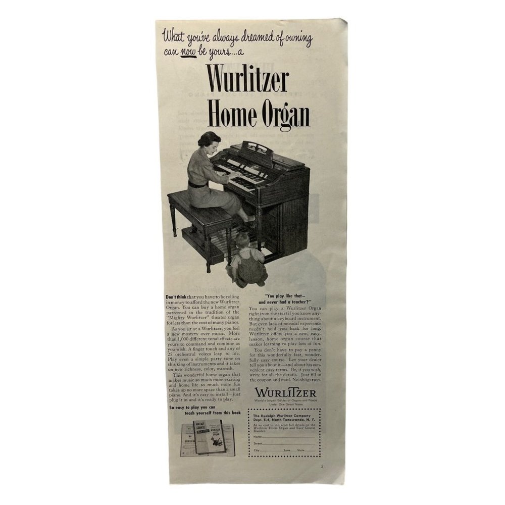 Wurlitzer Home Organ Vintage Print Ad 1952 New York Music for the Home